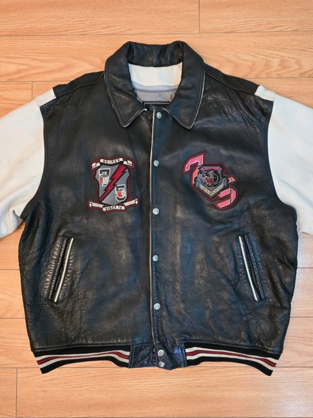 Avirex Black & White Leather Varsity Jacket – Vintage – Size XXL